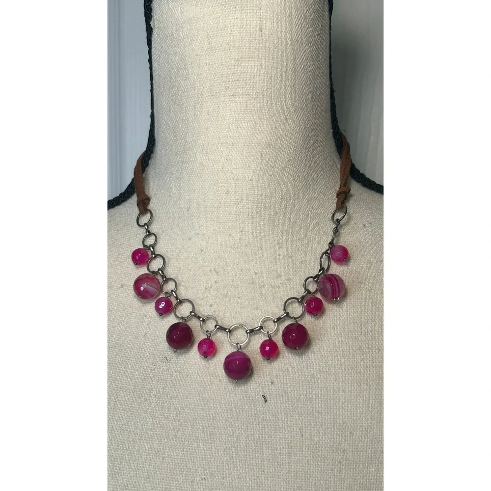Pink Agate Beaded Statement Necklace Leather Cord Silver Tone Boho Bib Festival